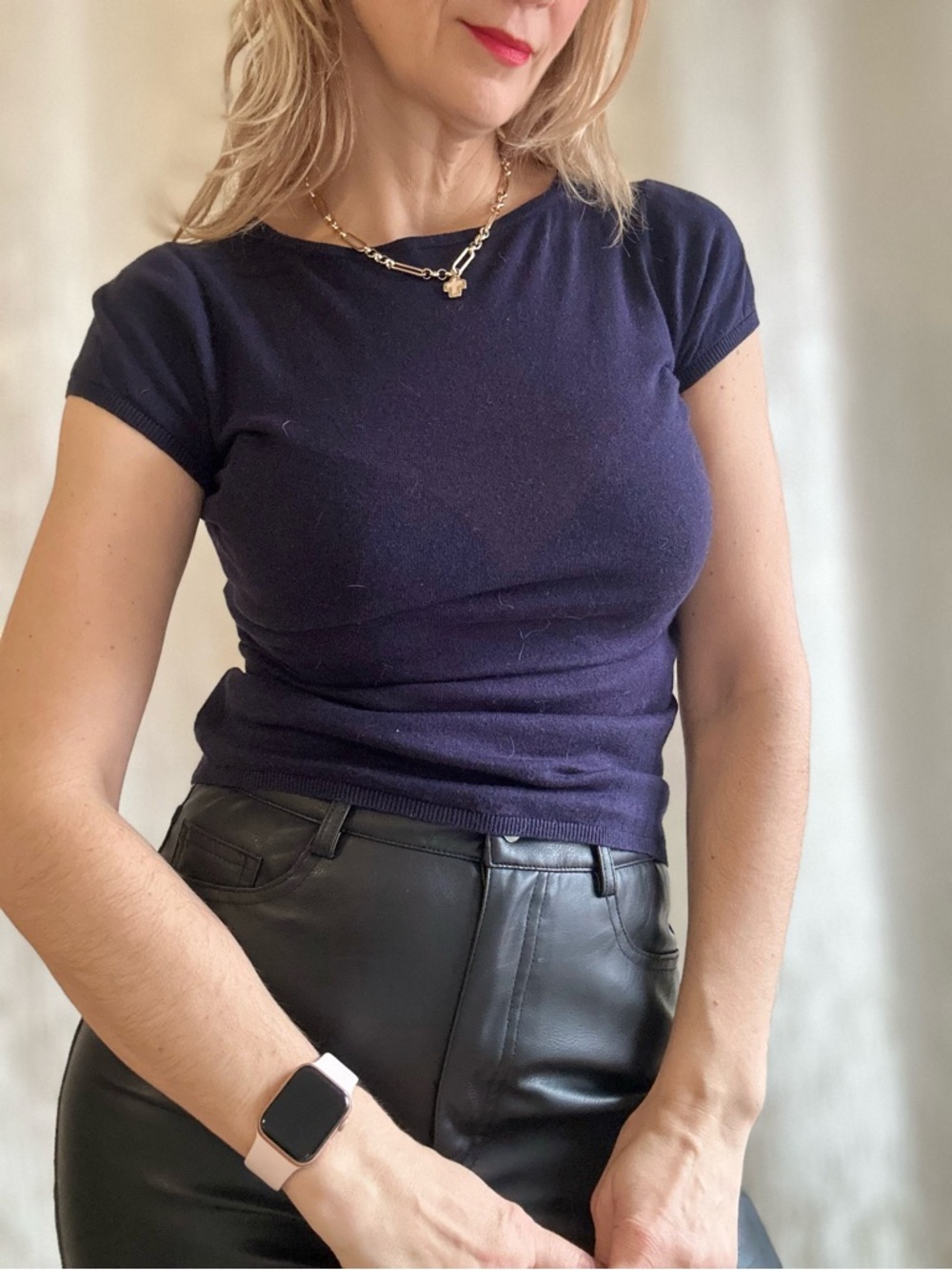 Brora Navy Blue Linen Cotton Knit Short Sleeve Tee Size S